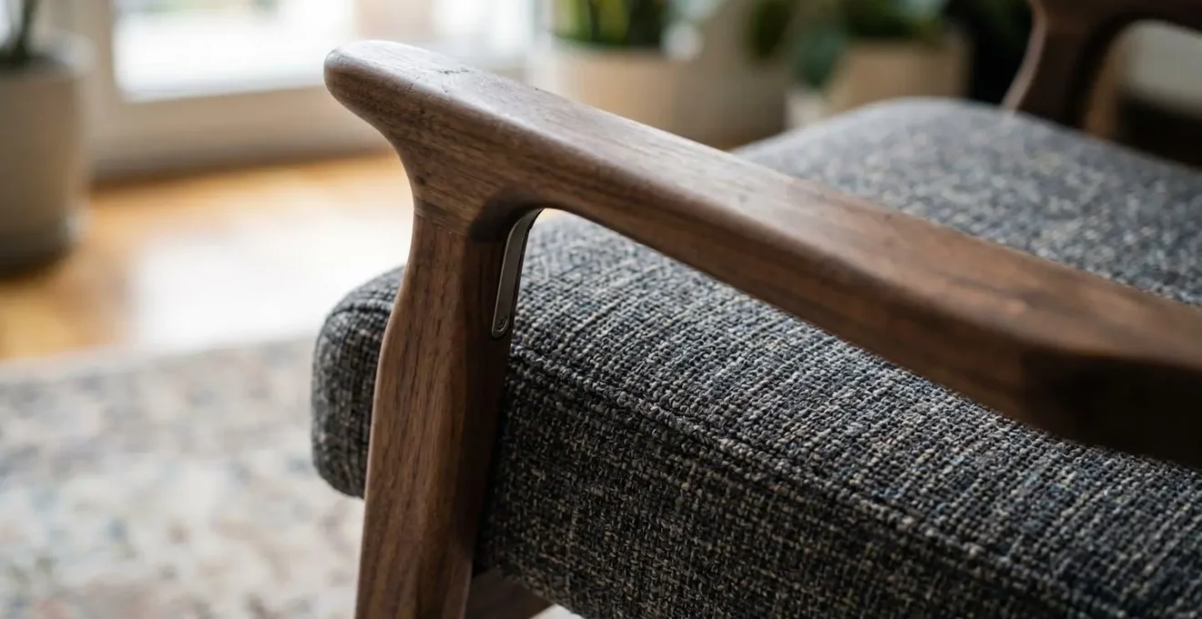 Gros plan sur les accoudoirs robustes d'un fauteuil montrant la hauteur et la largeur optimales pour faciliter le lever