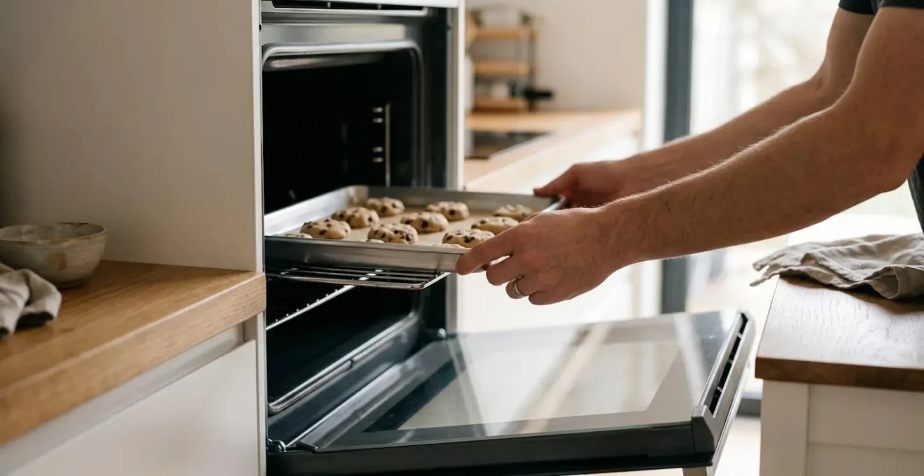 Four encastré en colonne à hauteur ergonomique avec espace de dépose adjacent dans une cuisine moderne
