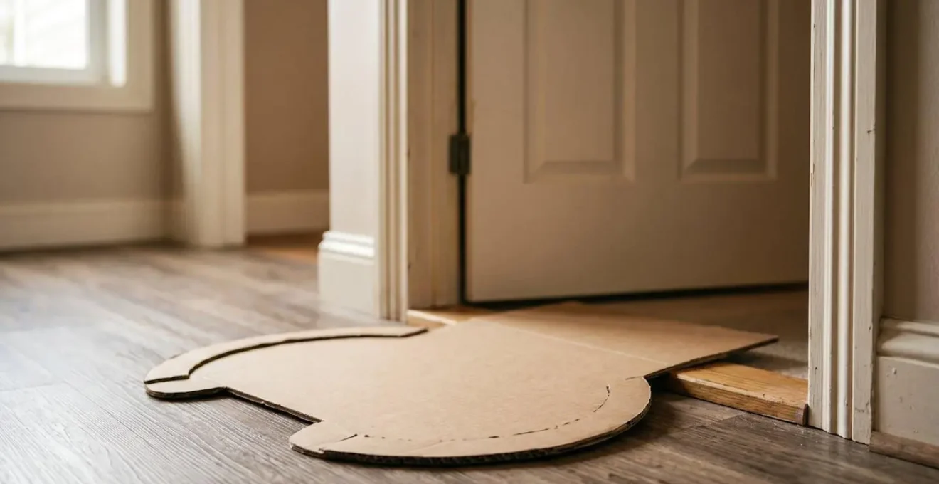 Méthode de test de passage avec gabarit en carton représentant les dimensions d'un fauteuil roulant devant une porte