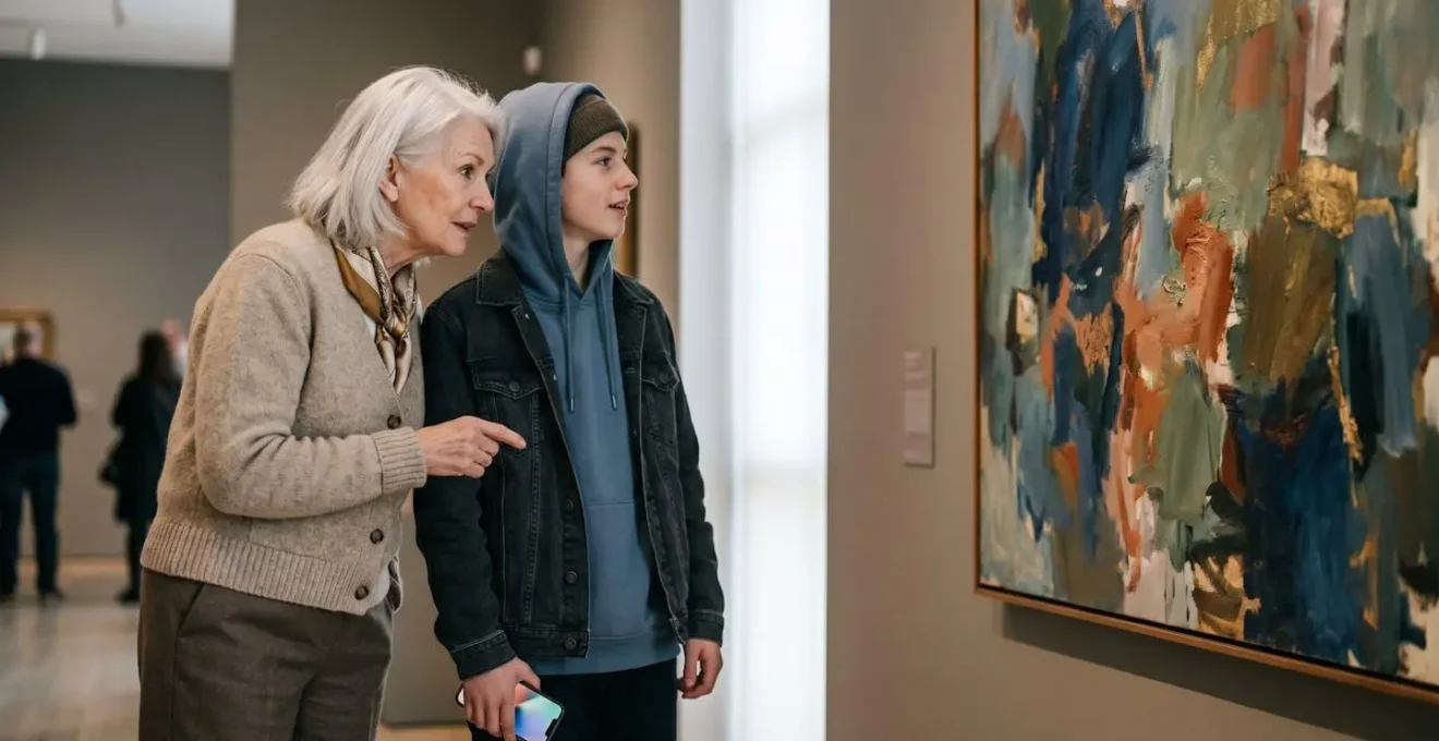 Grand-parent et adolescent côte à côte observant une œuvre d'art, partageant un moment de complicité culturelle