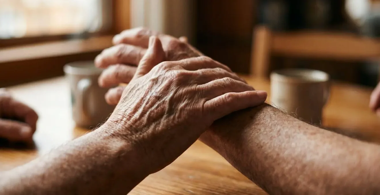 Scène intimiste montrant des mains de seniors partageant un moment de rire authentique autour d'une table