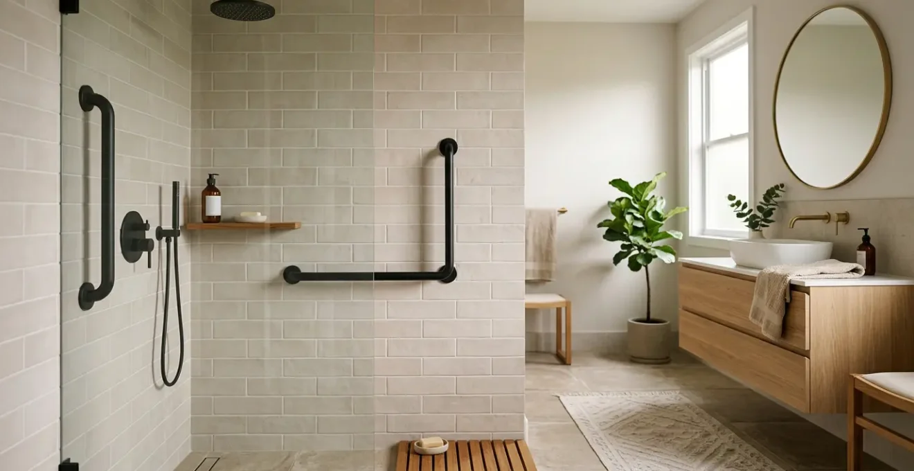 Aménagement moderne d'une salle de bain avec barres d'appui élégantes intégrées harmonieusement au design