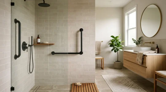 Aménagement moderne d'une salle de bain avec barres d'appui élégantes intégrées harmonieusement au design