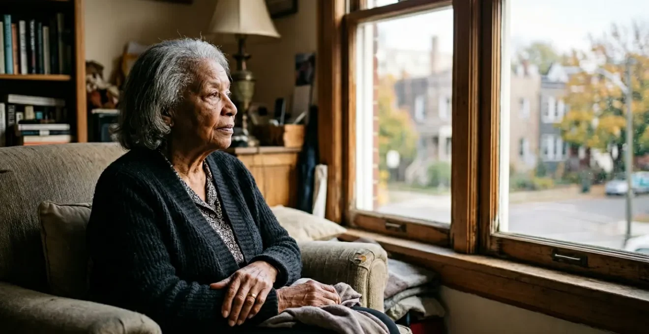 Personne âgée regardant par la fenêtre avec une expression pensive, symbolisant la solitude et l'espoir de reconnexion sociale