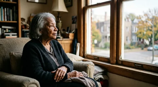 Personne âgée regardant par la fenêtre avec une expression pensive, symbolisant la solitude et l'espoir de reconnexion sociale
