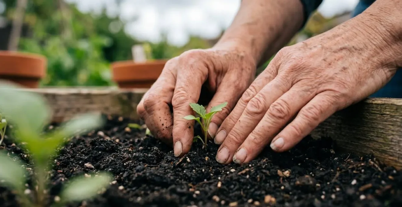 Mains de personne âgée manipulant délicatement de la terre et des plants dans un jardin surélevé adapté