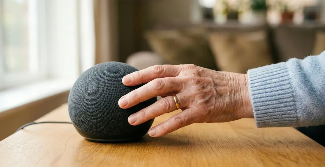 Main âgée touchant délicatement une enceinte connectée dans un environnement domestique chaleureux