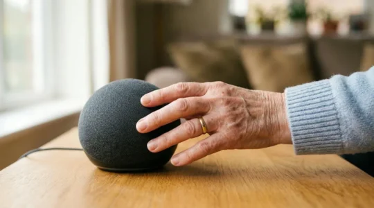 Main âgée touchant délicatement une enceinte connectée dans un environnement domestique chaleureux