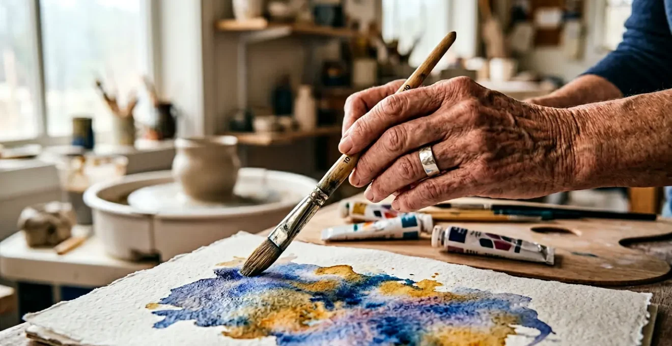 Mains d'une personne senior pratiquant une activité artistique créative avec douceur et concentration