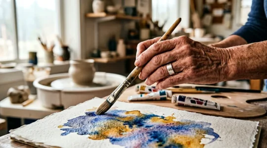Mains d'une personne senior pratiquant une activité artistique créative avec douceur et concentration