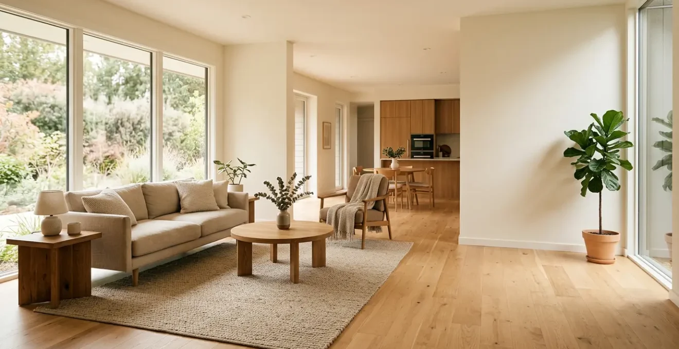 Intérieur d'une maison lumineuse et spacieuse adaptée pour le vieillissement, avec des espaces ouverts et des aménagements ergonomiques