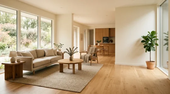 Intérieur d'une maison lumineuse et spacieuse adaptée pour le vieillissement, avec des espaces ouverts et des aménagements ergonomiques