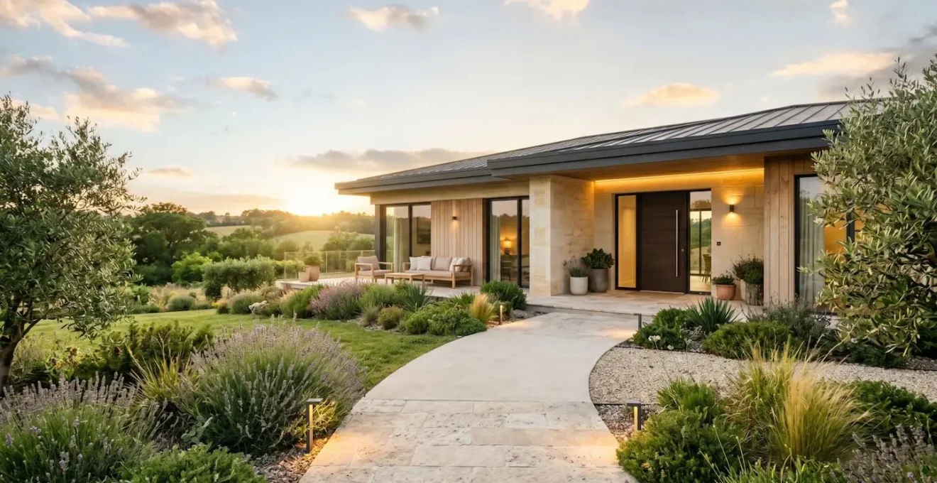 Vue extérieure d'une maison moderne de plain-pied avec rampe d'accès discrète intégrée au jardin paysagé