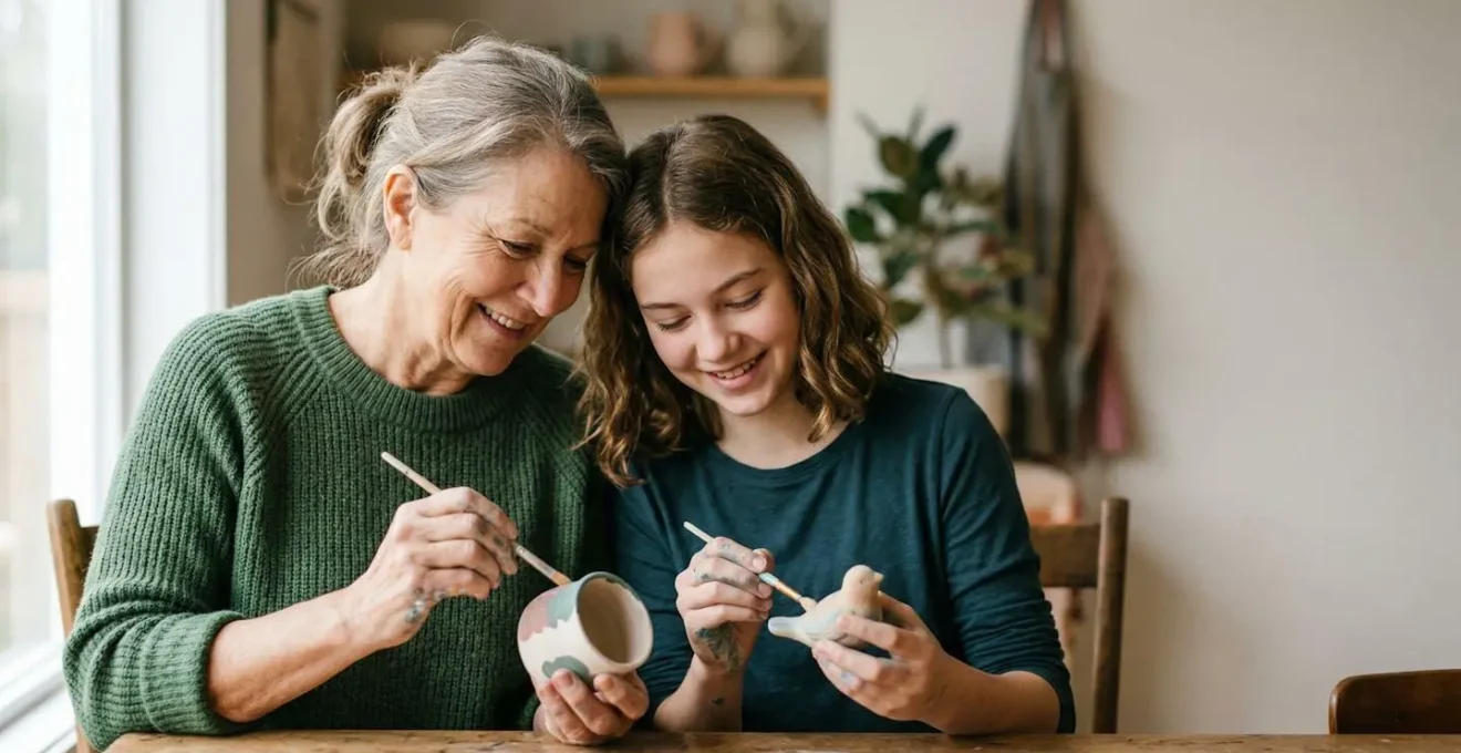 Moment de complicité entre un grand-parent et un petit-enfant lors d'une activité partagée