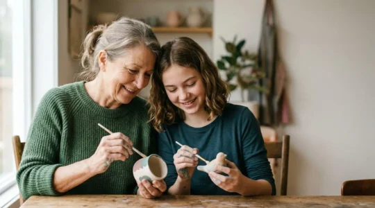 Moment de complicité entre un grand-parent et un petit-enfant lors d'une activité partagée