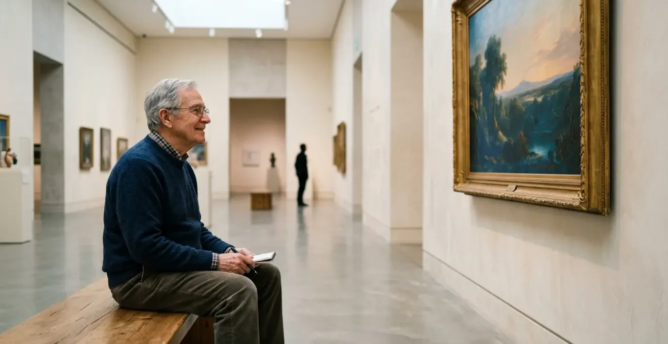 Visiteur senior admirant une œuvre d'art dans un musée lumineux et accessible