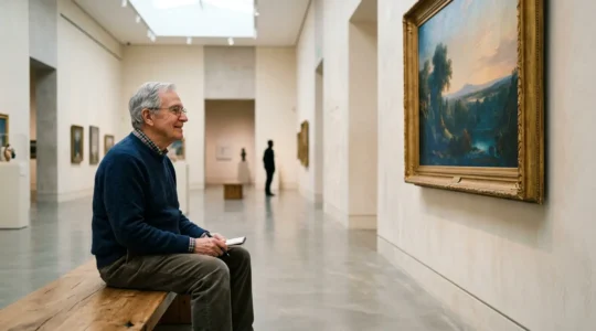 Visiteur senior admirant une œuvre d'art dans un musée lumineux et accessible