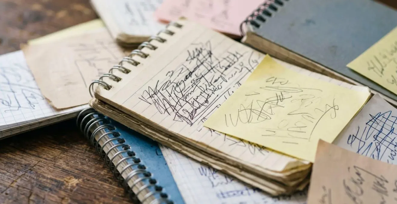 Gros plan sur des carnets et post-it couverts de notes manuscrites, illustrant les stratégies de compensation face aux troubles cognitifs débutants.