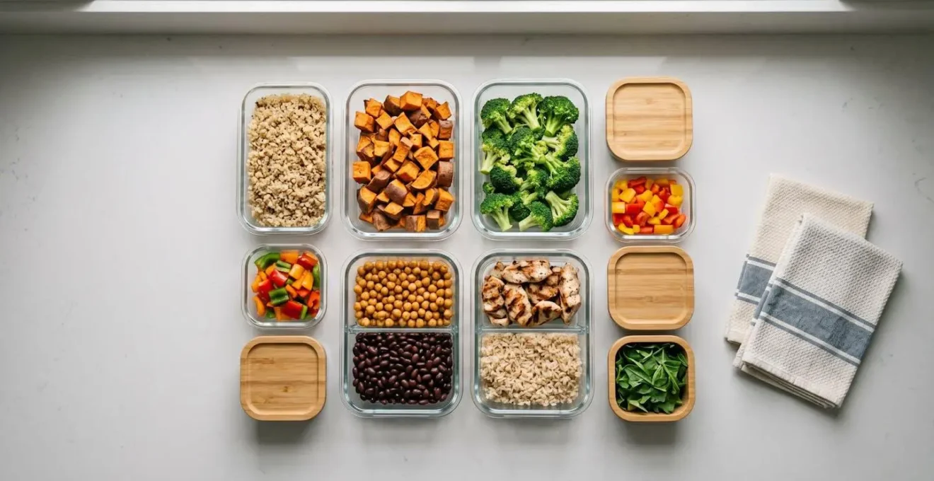 Vue aérienne d'une cuisine organisée avec plusieurs contenants de préparations alimentaires colorées et variées