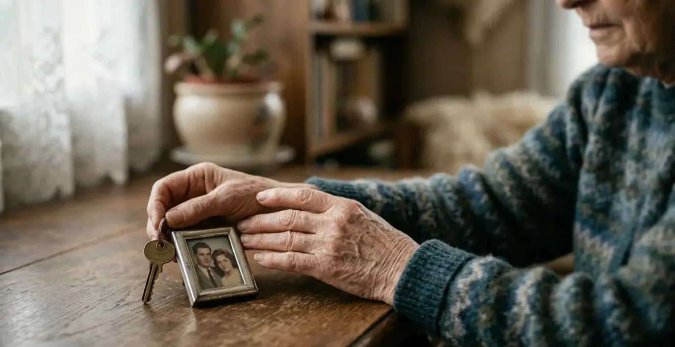 Scène intimiste montrant les mains d'une personne âgée tenant un objet familier, évoquant la fragilité de la mémoire