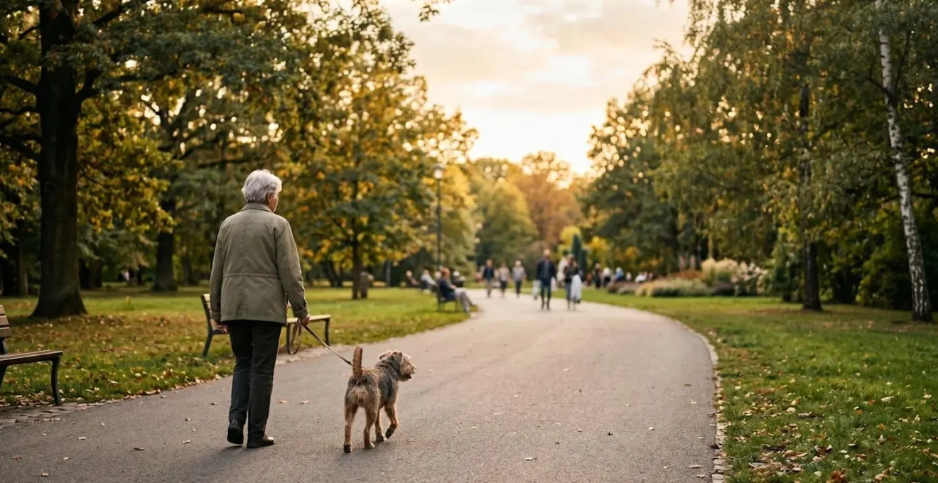 Personne âgée se promenant avec son chien dans un parc, favorisant les rencontres et le lien social