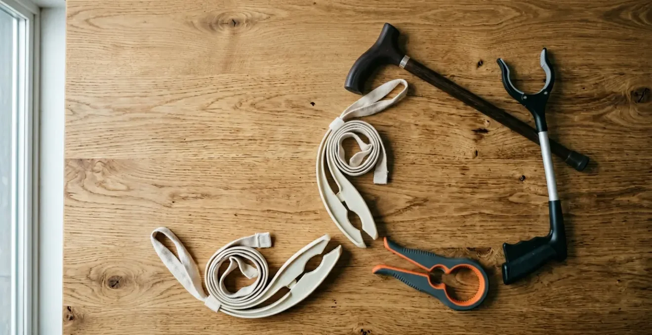 Composition éditoriale présentant différents outils d'assistance pour l'autonomie au quotidien