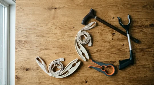 Composition éditoriale présentant différents outils d'assistance pour l'autonomie au quotidien