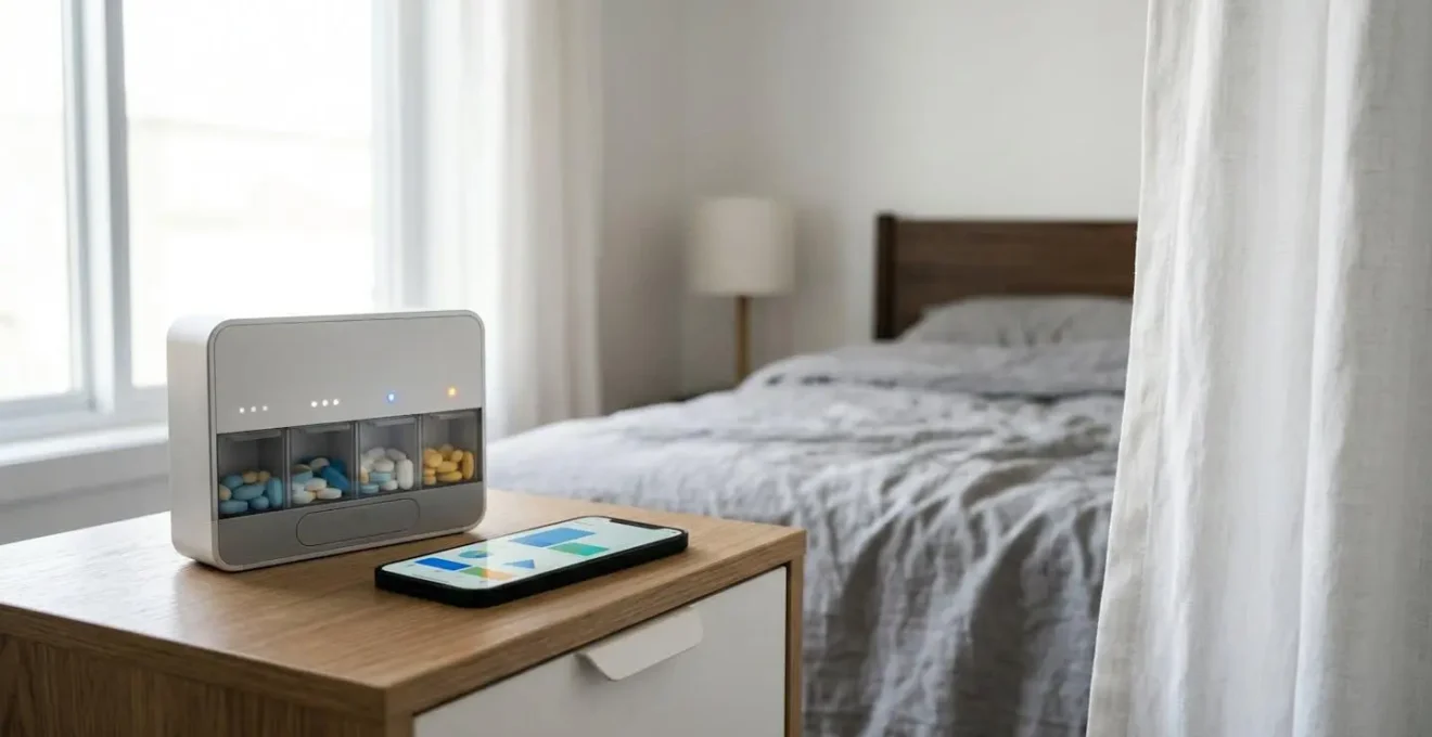 Pilulier connecté moderne avec smartphone montrant une application de gestion de médicaments dans un environnement domestique contemporain