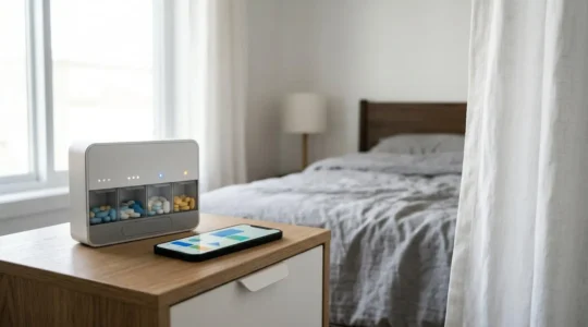 Pilulier connecté moderne avec smartphone montrant une application de gestion de médicaments dans un environnement domestique contemporain