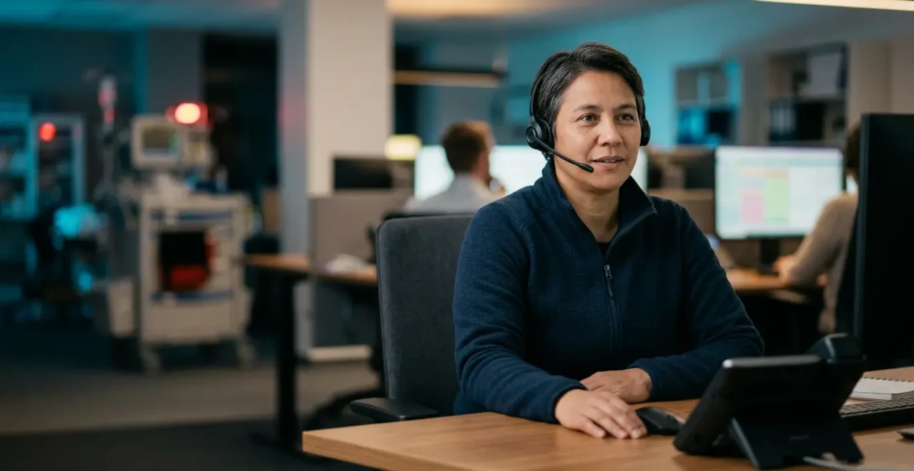 Opérateur de téléassistance concentré répondant à une urgence avec casque professionnel dans un centre d'écoute moderne