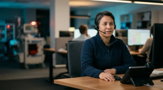 Opérateur de téléassistance concentré répondant à une urgence avec casque professionnel dans un centre d'écoute moderne