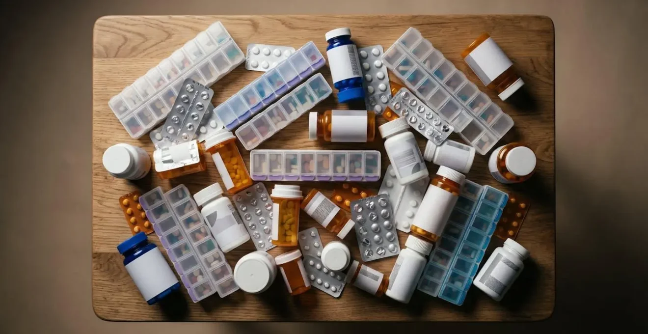 Une composition symbolique montrant plusieurs piluliers et boîtes de médicaments disposés de manière chaotique, illustrant les risques de la polymédication non coordonnée.
