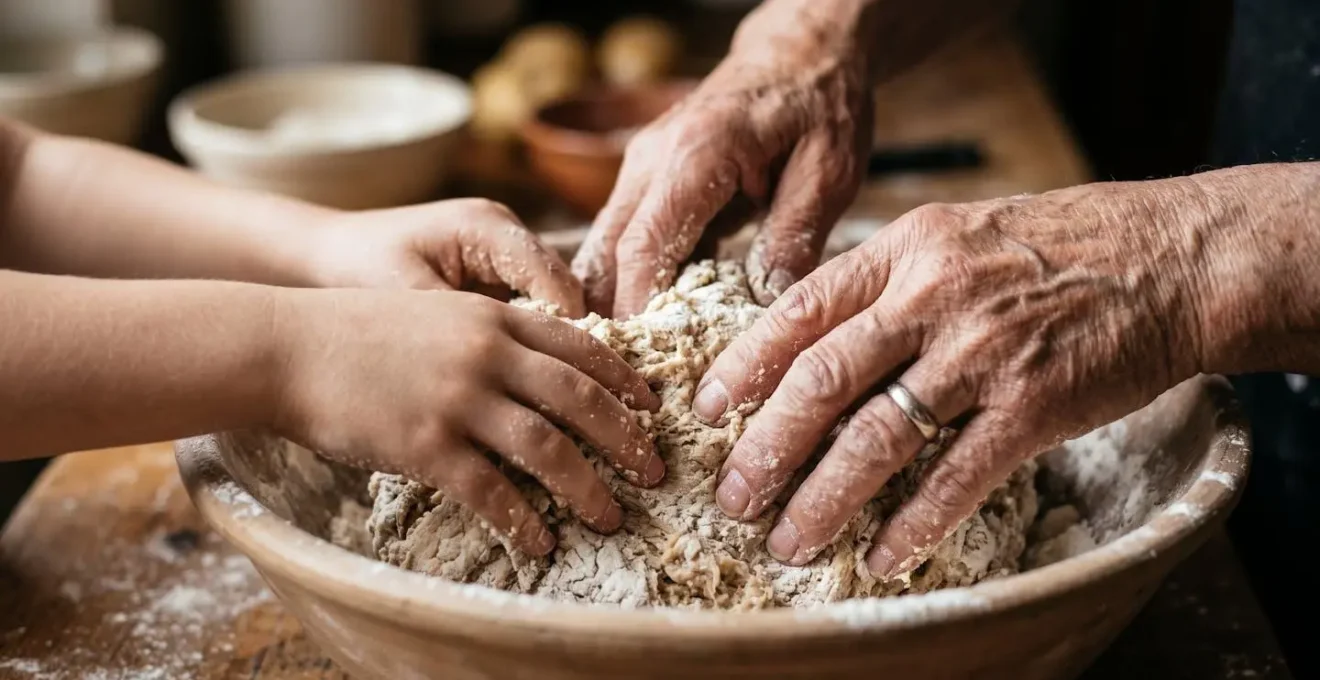 Gros plan sur des mains de deux générations préparant ensemble une recette familiale