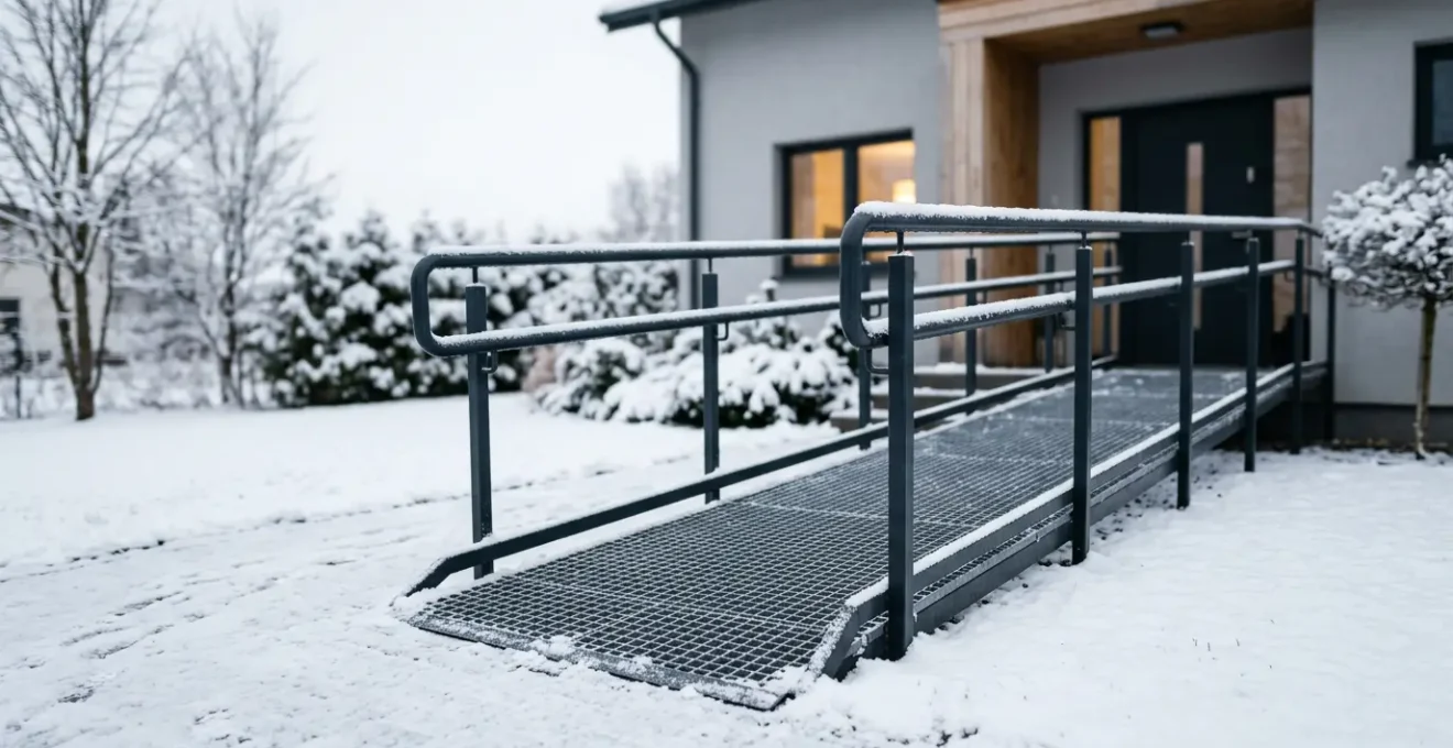 Rampe d'accès moderne pour fauteuil roulant en hiver avec surface antidérapante