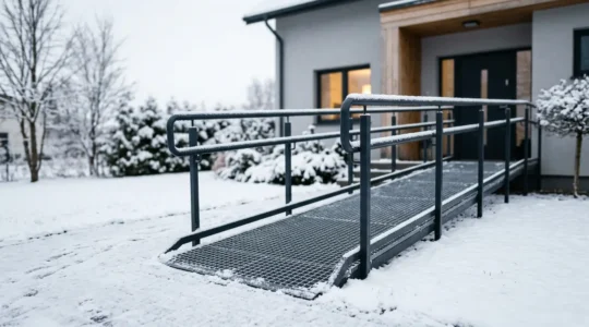 Rampe d'accès moderne pour fauteuil roulant en hiver avec surface antidérapante