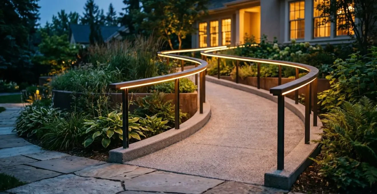 Rampe d'accès élégamment intégrée dans un jardin paysager avec éclairage LED discret en soirée
