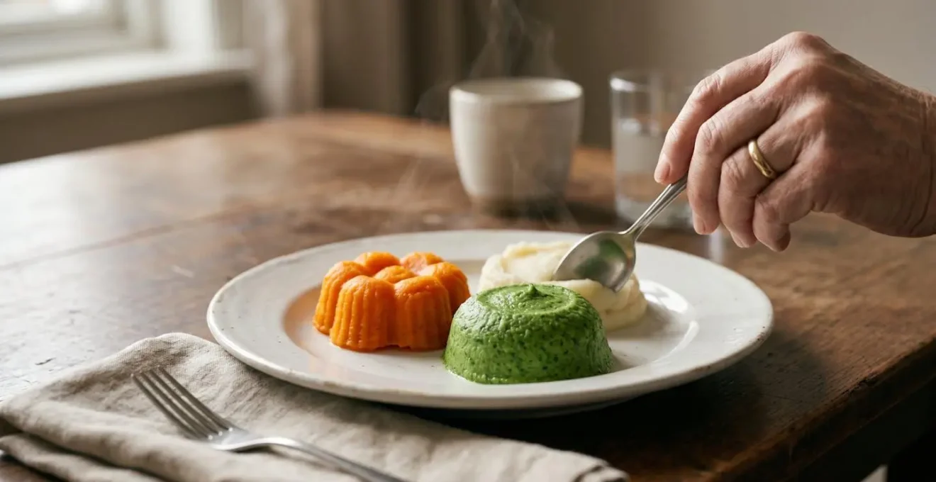 Repas à texture adaptée pour senior dysphagique présenté de manière élégante et appétissante