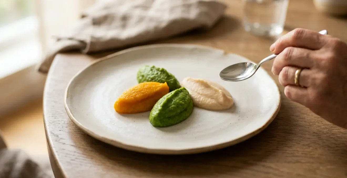 Assiette appétissante avec purée dressée en quenelle, couleurs naturelles vives, présentation soignée pour personne dysphagique