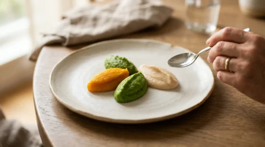 Assiette appétissante avec purée dressée en quenelle, couleurs naturelles vives, présentation soignée pour personne dysphagique