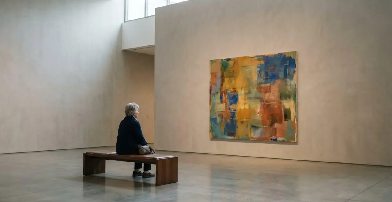 Visiteur senior assis sur un banc de musée, contemplant sereinement une œuvre, incarnant l'approche qualitative de la visite