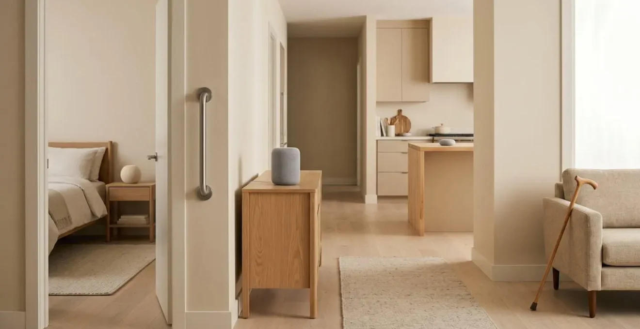 Vue d'ensemble minimaliste d'un intérieur de maison avec plusieurs enceintes connectées discrètes positionnées stratégiquement