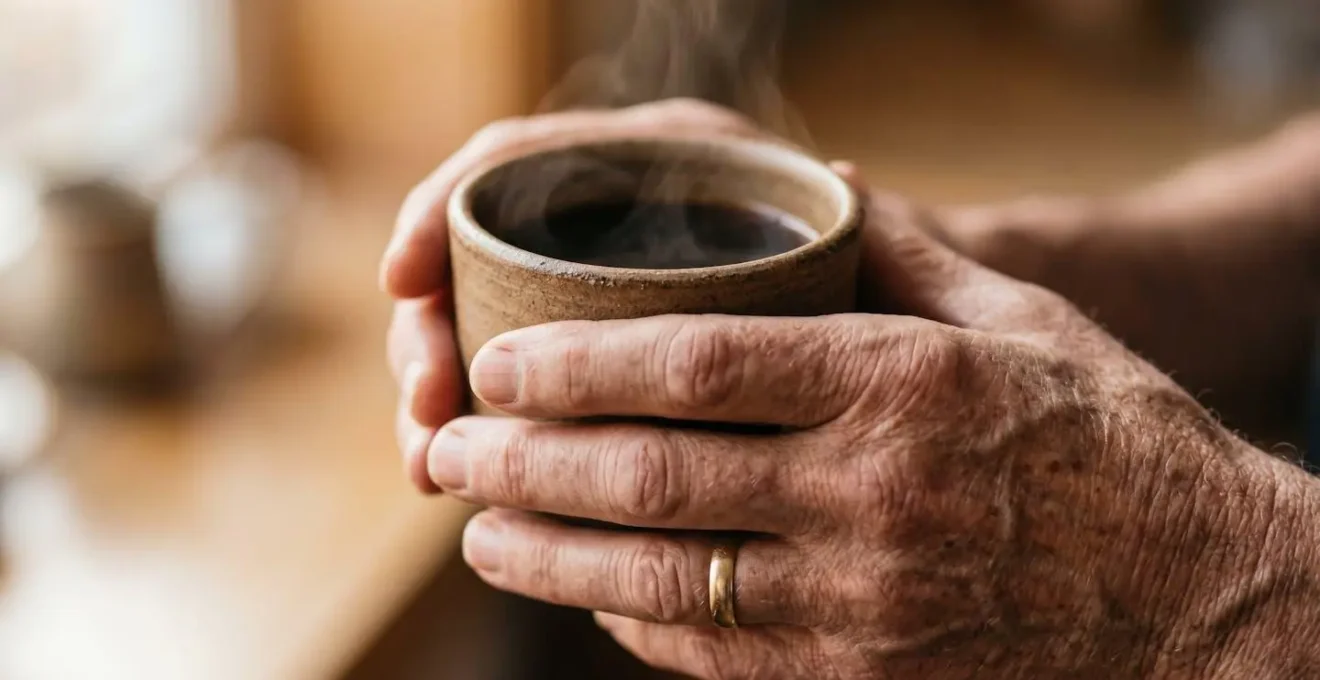 Mains de senior tenant une tasse de café lors d'un rituel matinal apaisant