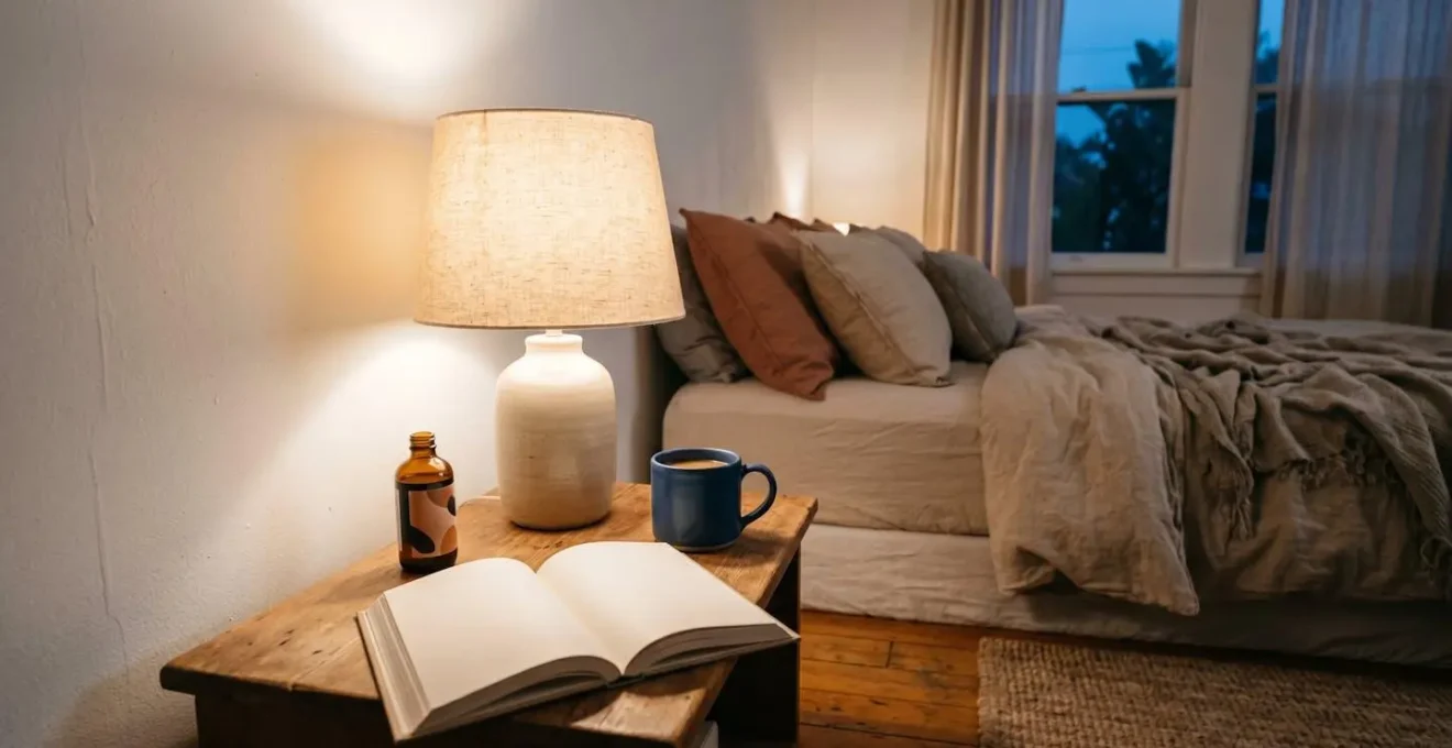 Ambiance chaleureuse d'une chambre le soir avec lumière tamisée chaude et objets réconfortants symbolisant un rituel de décompression nocturne