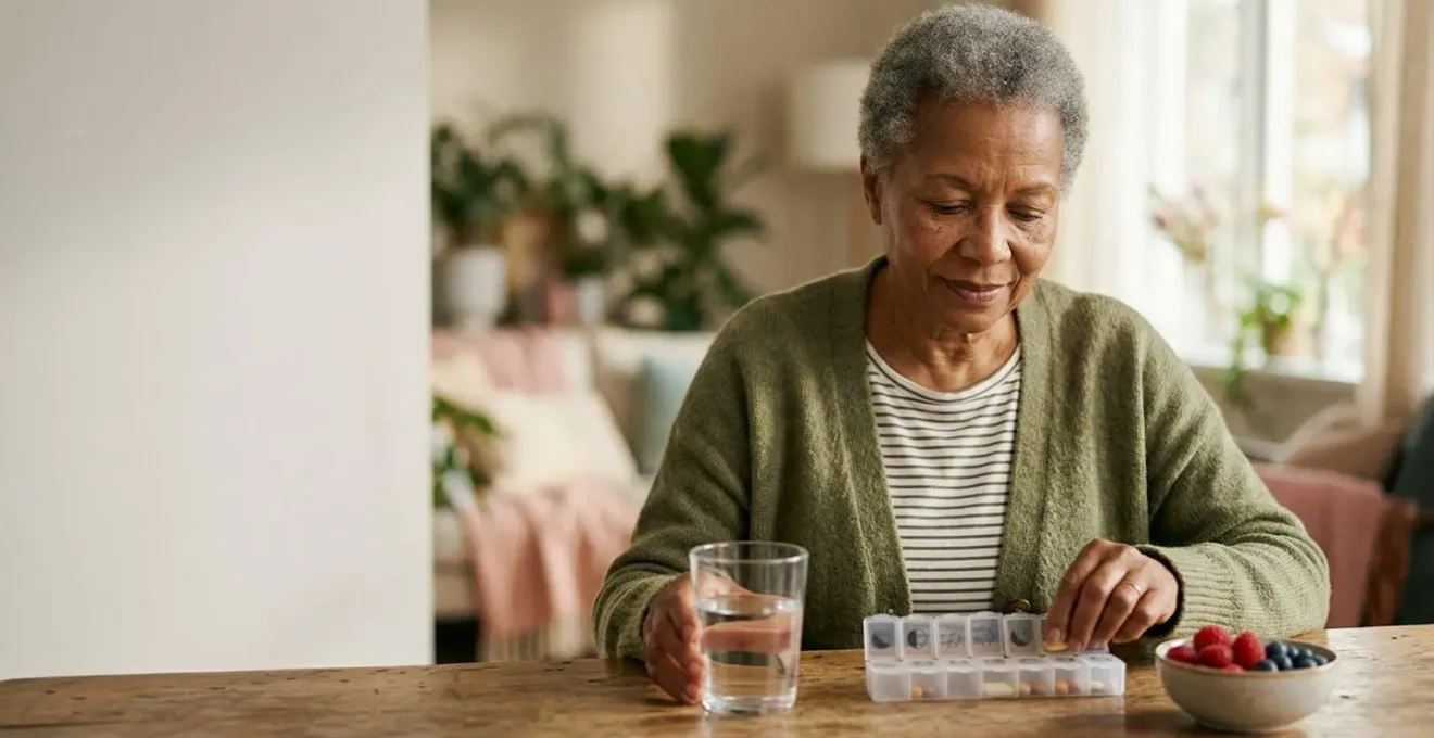 Personne senior organisant ses soins de santé quotidiens avec sérénité