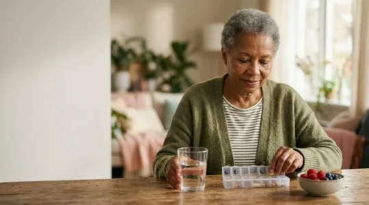 Personne senior organisant ses soins de santé quotidiens avec sérénité