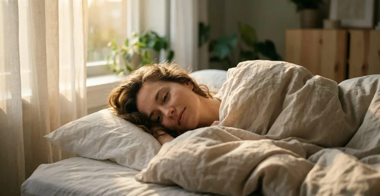 Personne se réveillant naturellement avec la lumière douce du matin filtrant à travers une fenêtre, symbolisant l'harmonie entre le rythme circadien et l'exposition lumineuse
