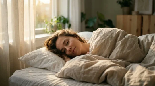 Personne se réveillant naturellement avec la lumière douce du matin filtrant à travers une fenêtre, symbolisant l'harmonie entre le rythme circadien et l'exposition lumineuse