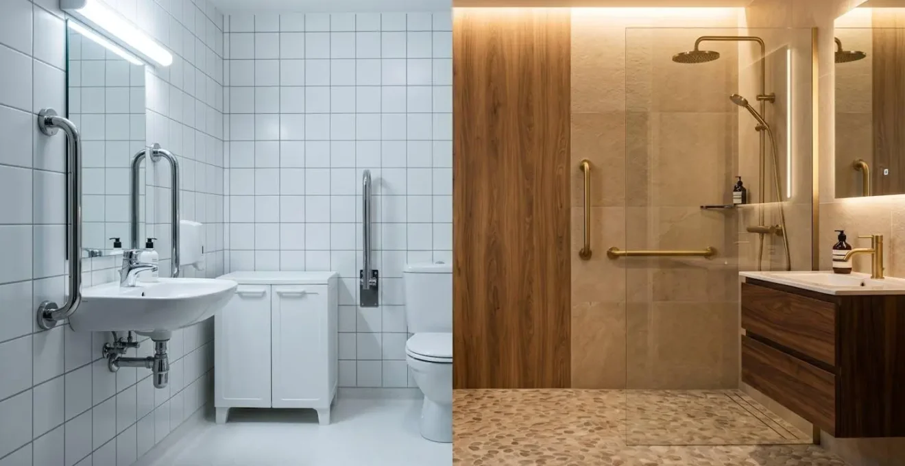 Salle de bain moderne au design wellness avec barre d'appui en laiton brossé et douche à l'italienne élégante