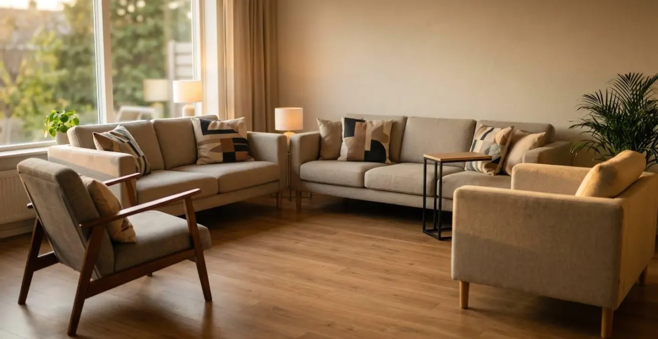 Salon moderne aménagé en configuration circulaire favorisant l'inclusion sociale avec espaces dégagés pour fauteuil roulant