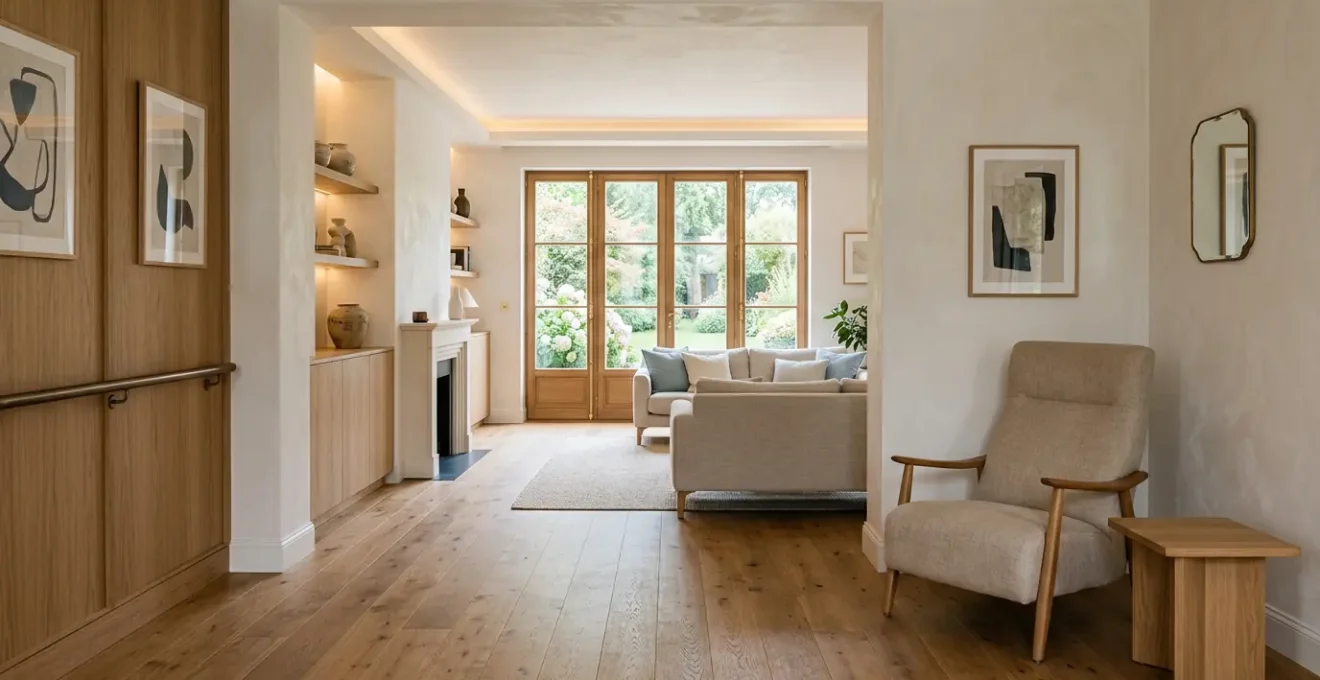 Intérieur chaleureux d'une maison adaptée aux seniors avec salon lumineux de plain-pied et aménagements discrets